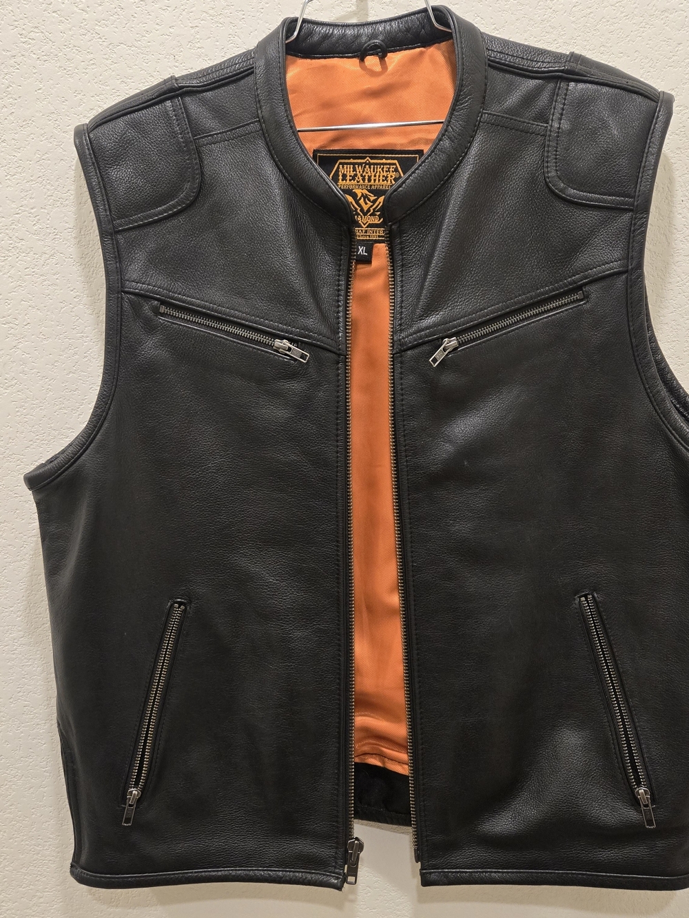 Men's Black Leather Vest with Orange Lining
